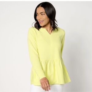 LOGO by Lori Goldstein Women's Top Sz XL Life Split Neck‎ Long Sleeve Yellow